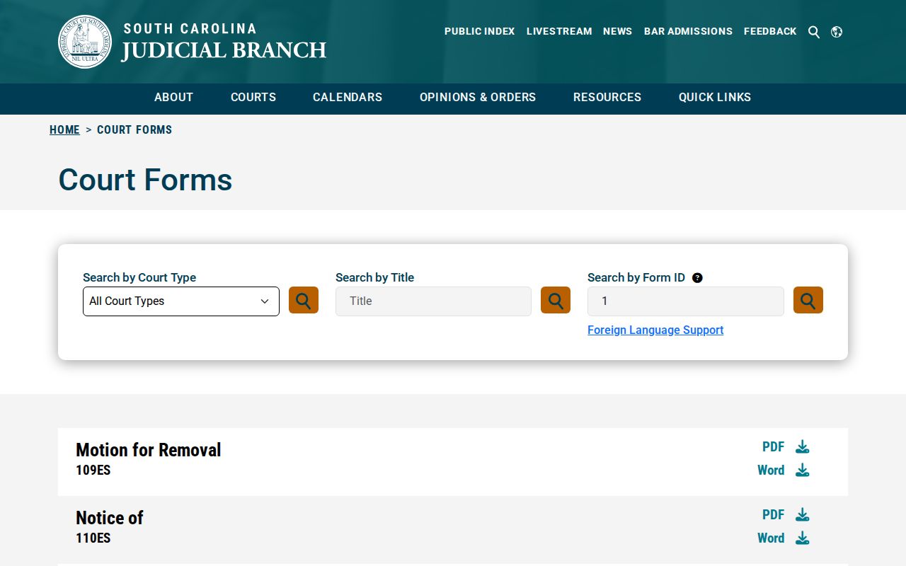 South Carolina criminal court case Circuit Court forms