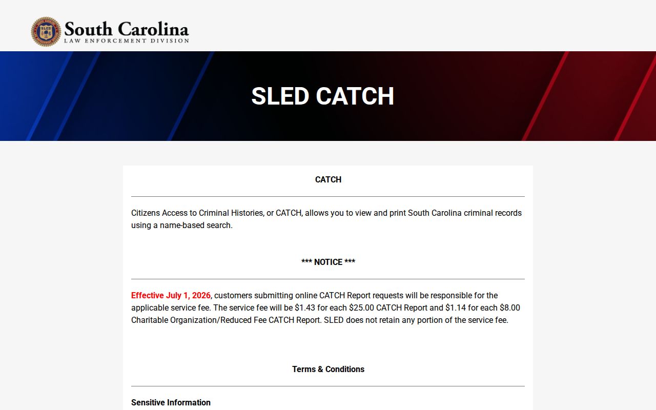 South Carolina SLED CATCH criminal history search