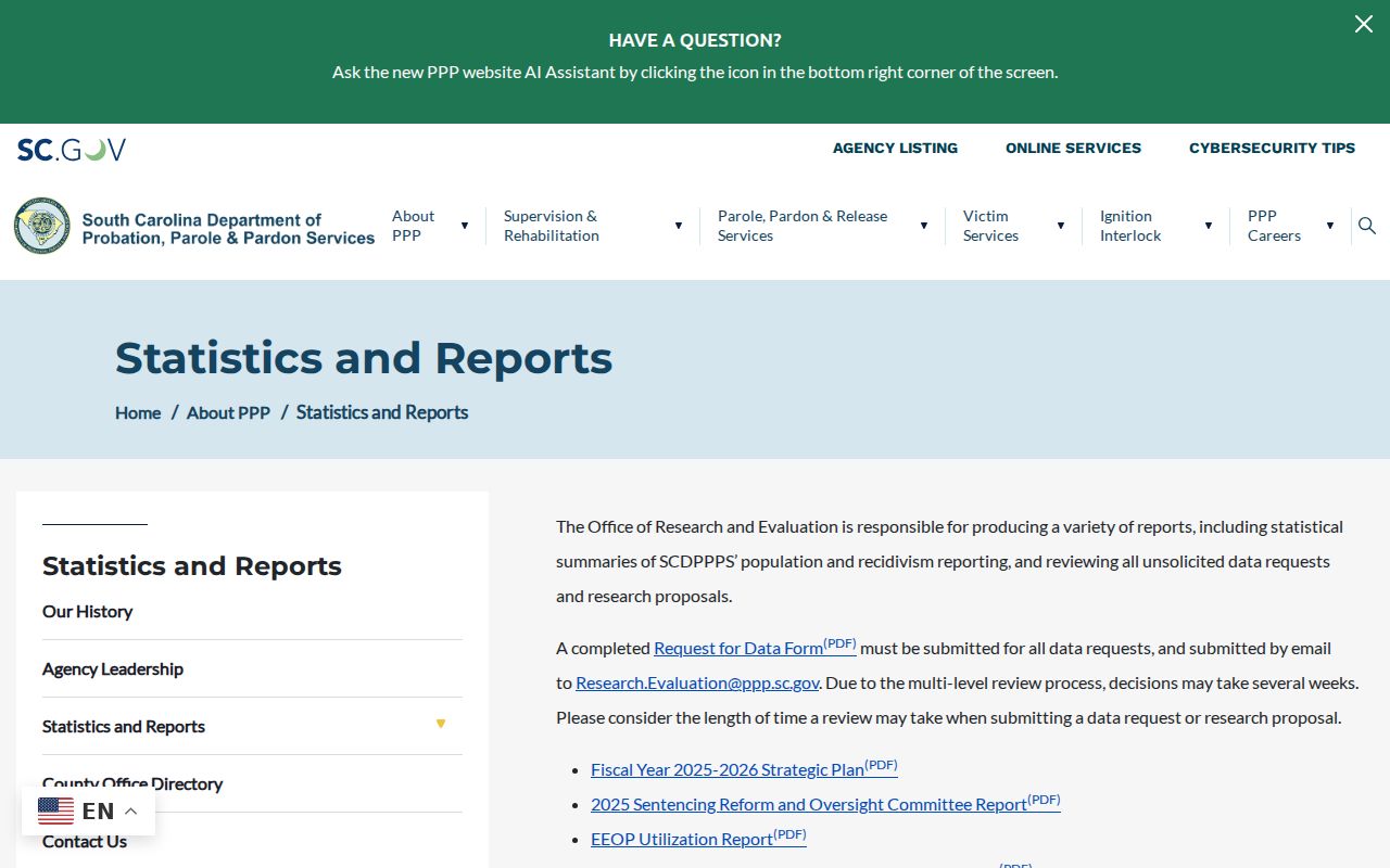 South Carolina criminal supervision statistics from SCDPPPS